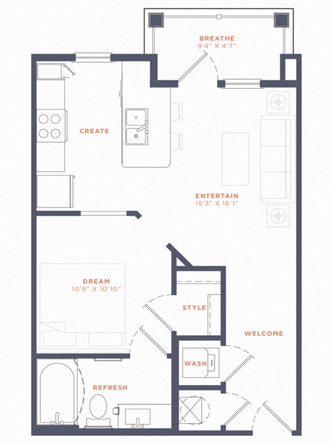 Floor plan for 1 bed, 1 bath, 583 sqft